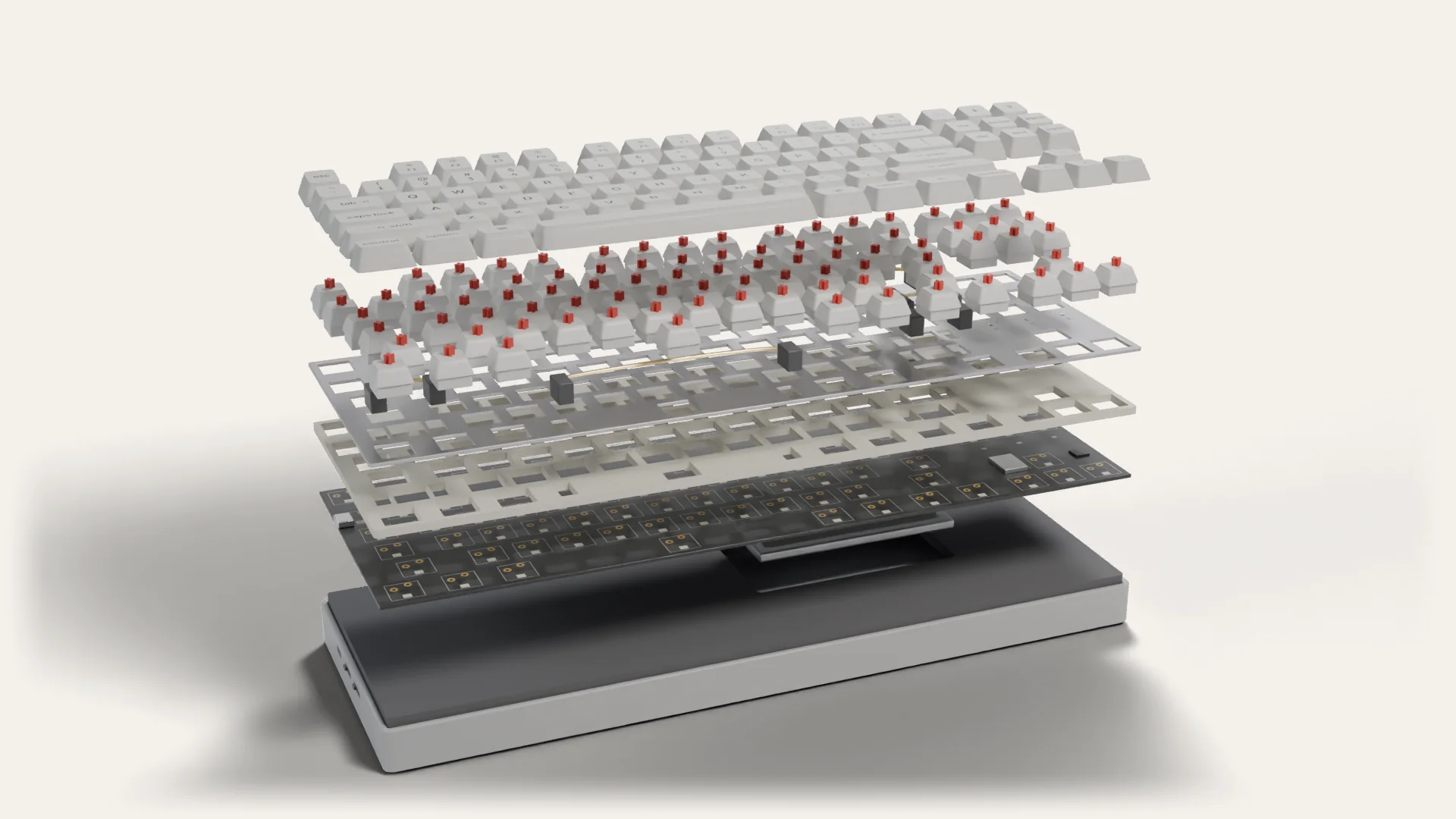 Exploded view of the T-01 keyboard: keycaps, switches, plate, PCB and case separated into five layers